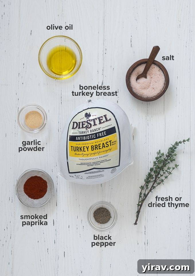 A visual display of all necessary ingredients for a delicious boneless turkey breast roast, including the turkey, olive oil, and various spices.