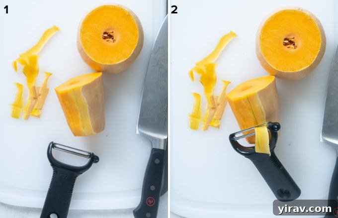 Effortless Butternut Squash Preparation 5 Butternut squash being peeled with a Y-peeler on a cutting board.