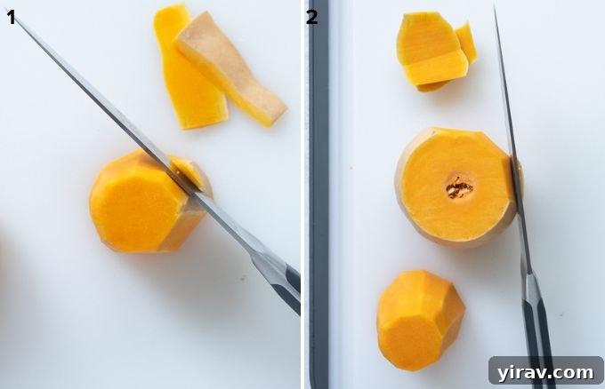 Effortless Butternut Squash Preparation 6 Butternut squash being peeled with a sharp knife on a cutting board, demonstrating precision.