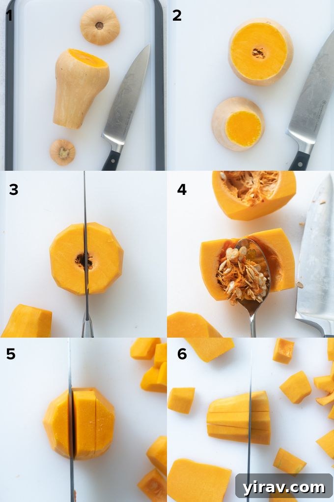 Effortless Butternut Squash Preparation 7 A step-by-step collage showing how to cut and cube a butternut squash.