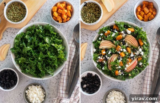 A visual step-by-step guide showing how to assemble the fall harvest salad. The first image shows massaged kale in a bowl, and the second shows the addition of roasted butternut squash, apples, feta, and pepitas, ready for tossing.