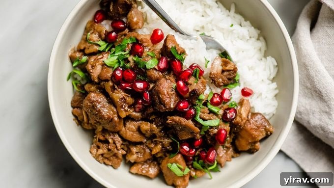 Tender Spiced Pomegranate Chicken, a unique and flavorful chicken thigh recipe.
