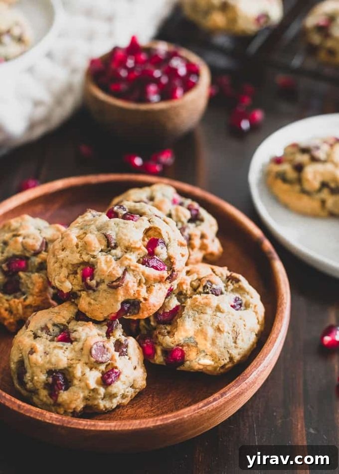 Pomegranate Oatmeal Chocolate Chip Cookies, infused with orange for a perfect winter treat.