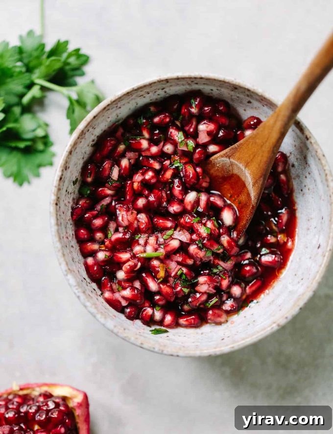 A beautiful Fresh Pomegranate Relish, perfect for jazzing up poultry, cheese plates, and Thanksgiving turkey.