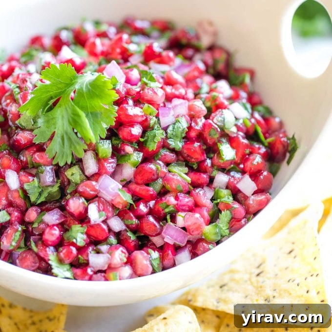 A festive bowl of Pomegranate Salsa, resembling Christmas in a bowl.