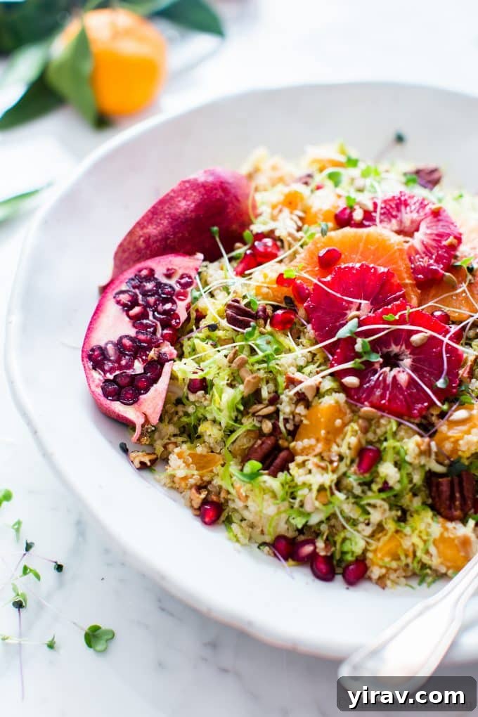 A vibrant Shaved Brussels Sprouts Citrus Quinoa Salad, packed with winter citrus goodness.