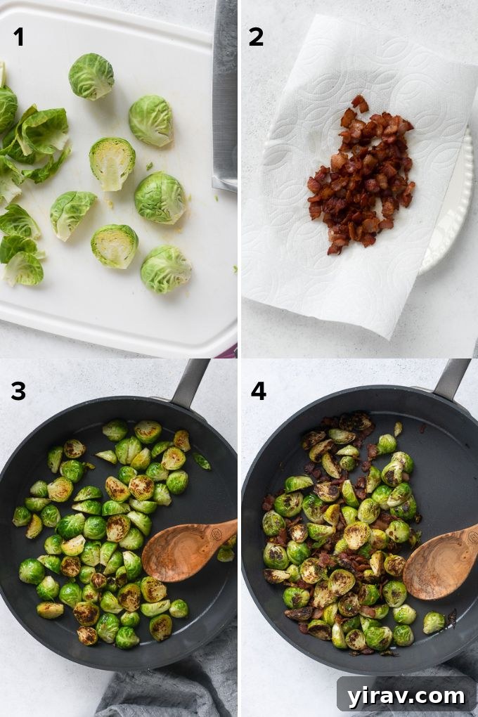 Step-by-step image showing how to make brussels sprouts with bacon