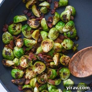 Brussels sprouts and bacon in a pan, ready for serving