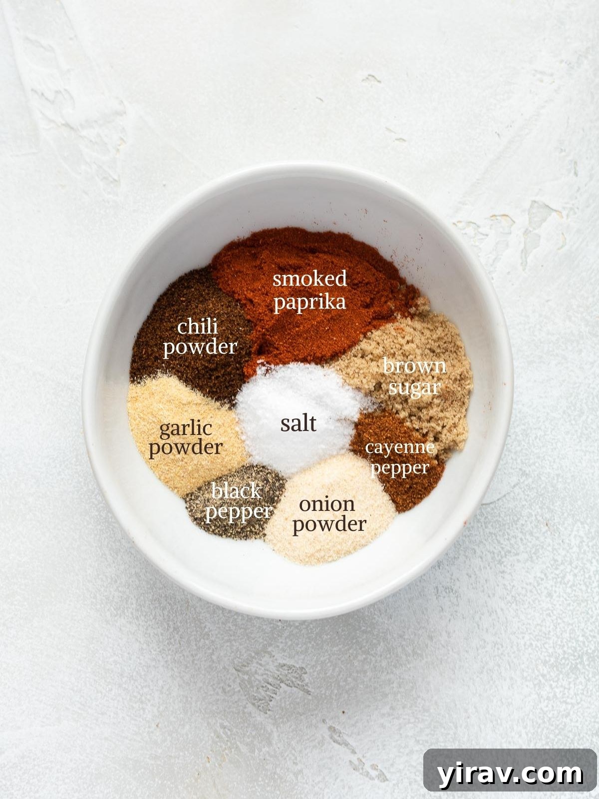 Smoky Sweet Chicken Coating 3 Individual BBQ chicken rub ingredients neatly arranged in small bowls, showcasing the various spices.