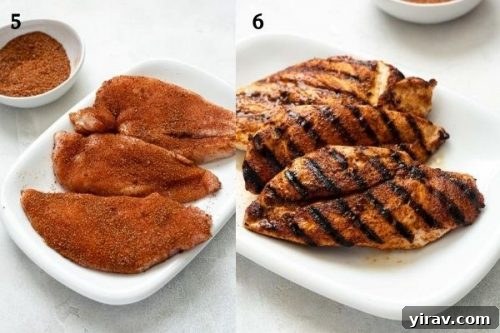 Smoky Sweet Chicken Coating 10 A chicken breast coated in BBQ rub, before and after being cooked to perfection.
