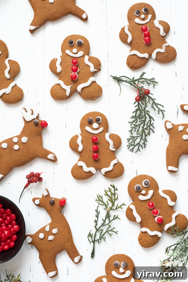 Assortment of festive gingerbread cookies adorned with icing and holly branches, ready for holiday gifting.