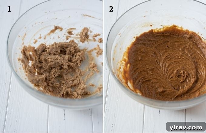 Collage showing step-by-step process of mixing ingredients for gingerbread cookies.