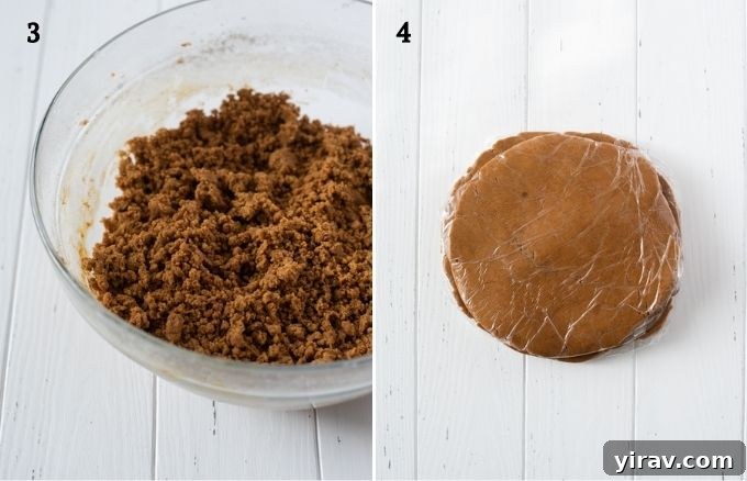 Collage depicting the stages of combining wet and dry ingredients for gingerbread cookie dough.