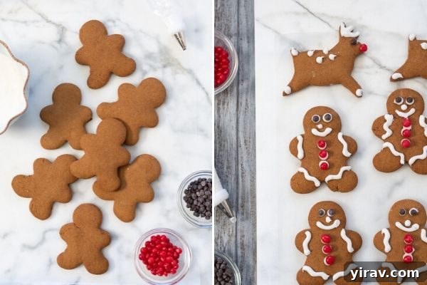 Close-up of decorated gingerbread cookies, showcasing intricate icing work and edible embellishments.