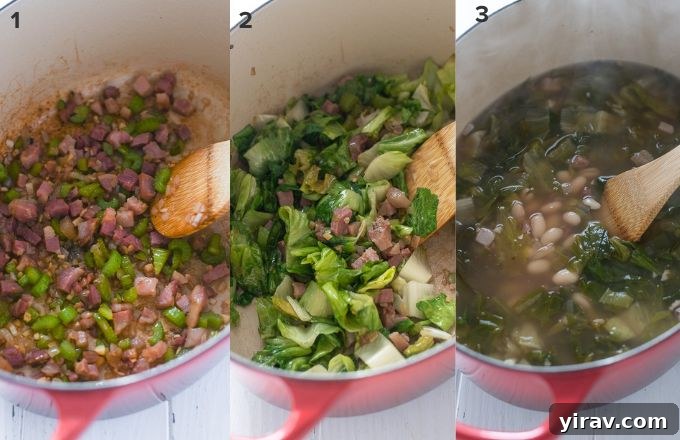 Sequential step-by-step images demonstrating the process of making Escarole and Bean Soup in a large pot, from sautéing to simmering.