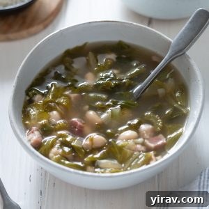 Bowl of escarole and bean soup with spoon buried inside