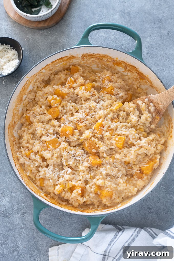Pot of baked risotto with butternut squash
