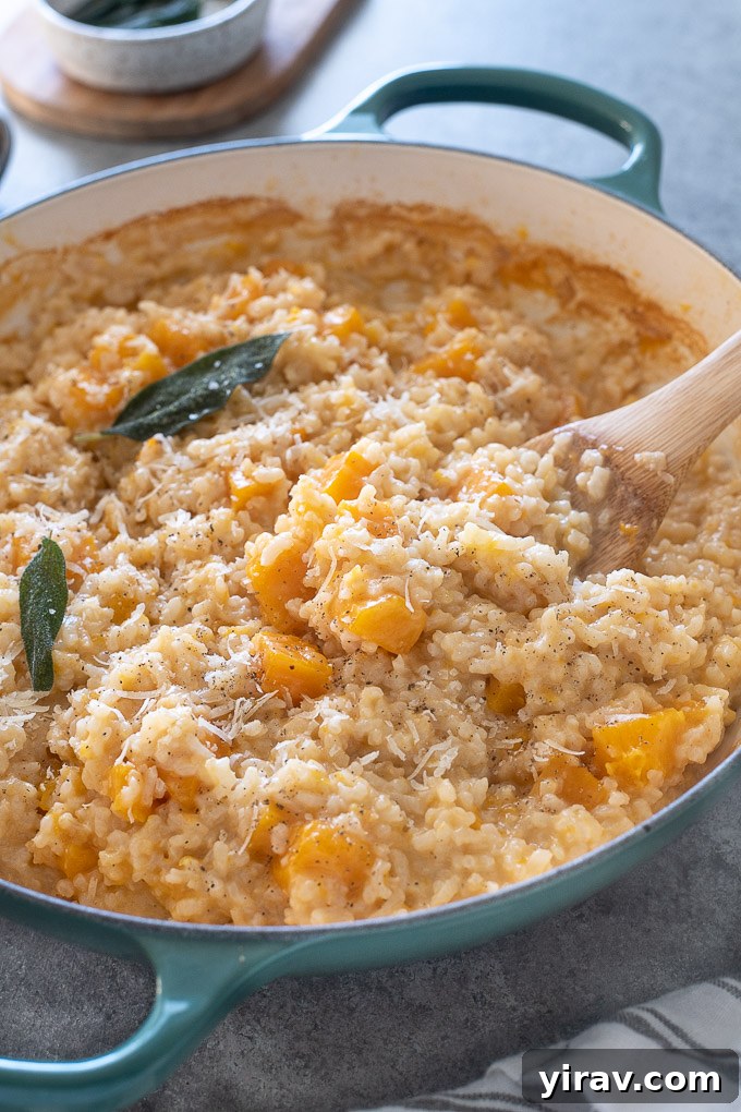 Wooden spoon in pan of butternut squash risotto