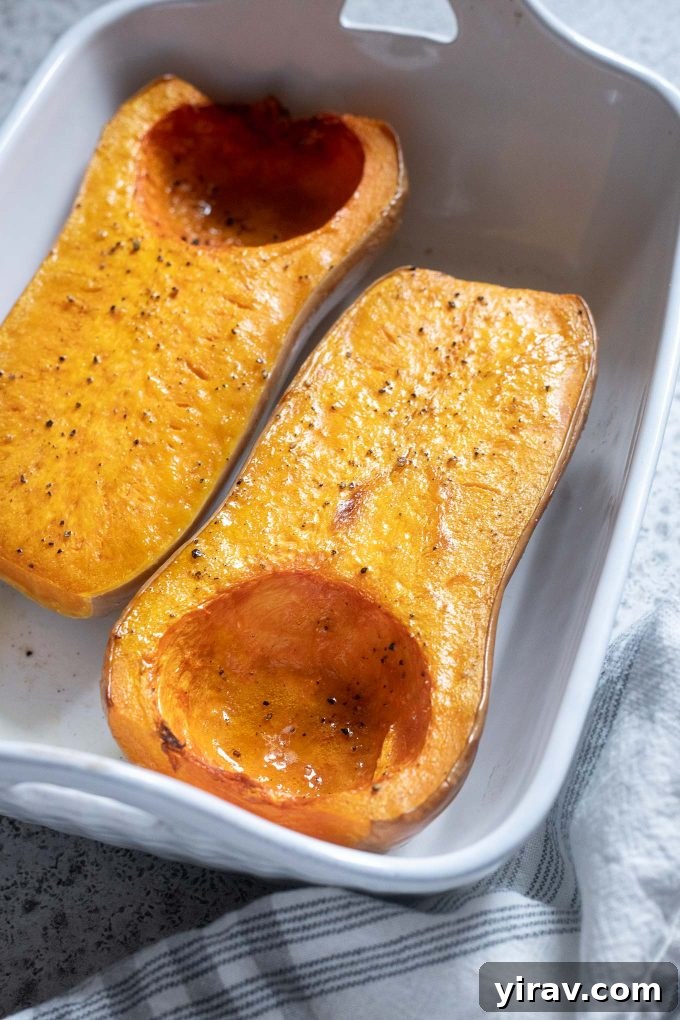 Roasted whole butternut squash halves in a baking dish, golden brown and tender.