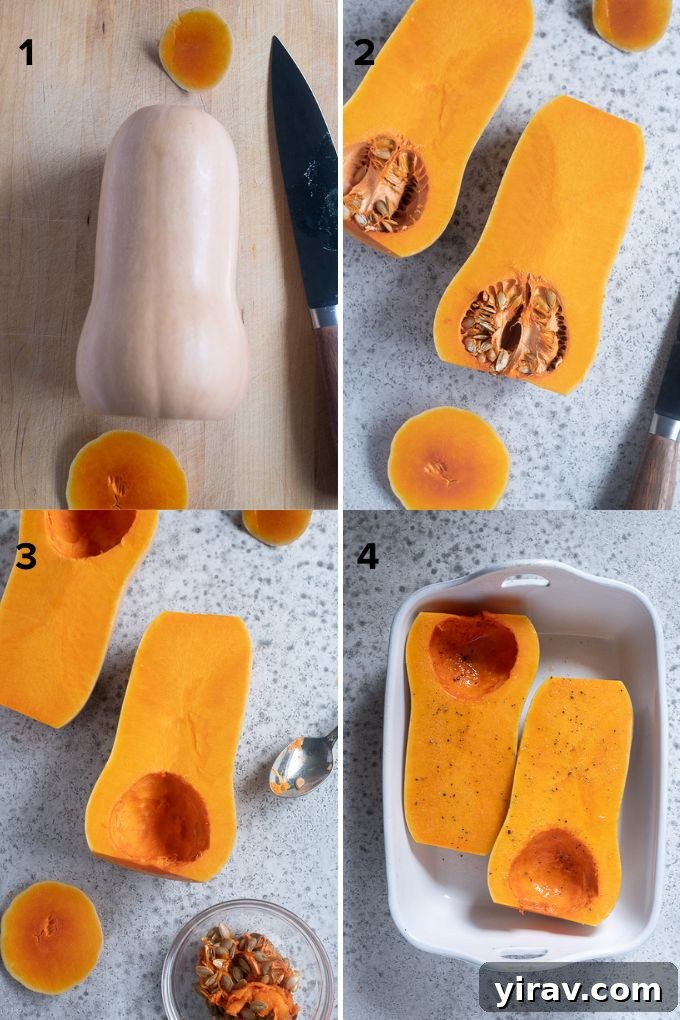 A visual step-by-step guide showing how to prepare and roast butternut squash: cutting, scooping, oiling, and seasoning.