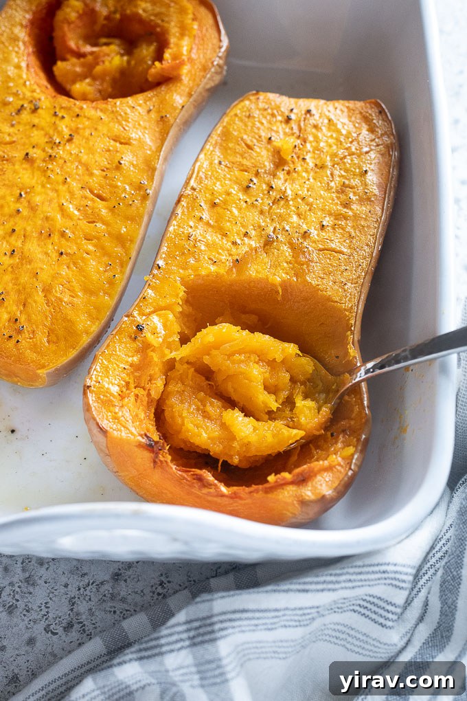 A spoon scooping out the soft, orange flesh from a roasted butternut squash half.
