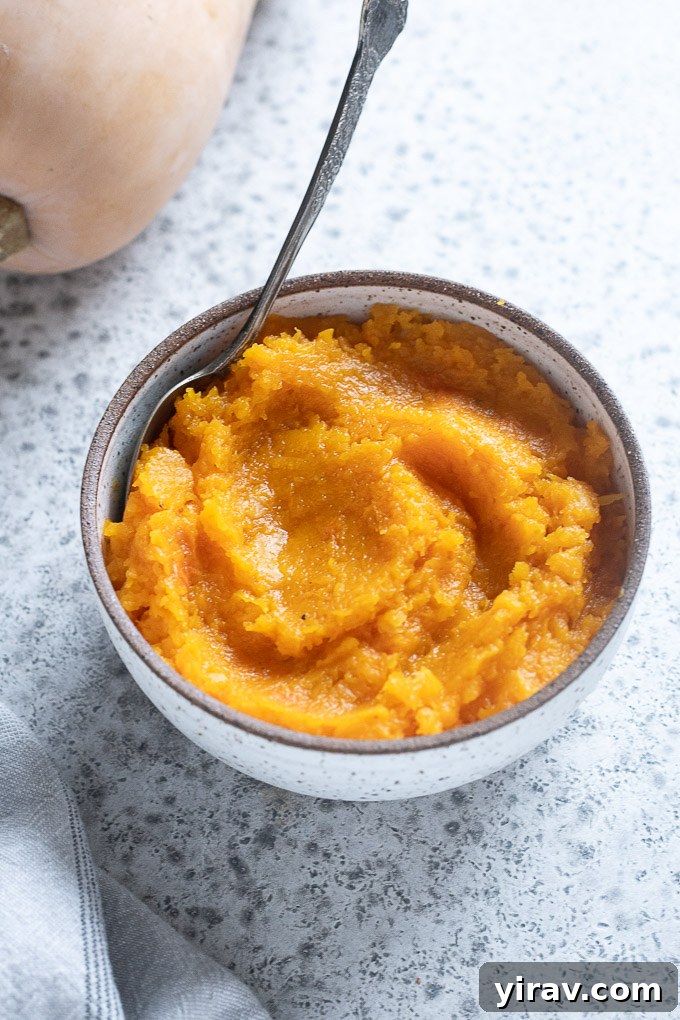 A bowl filled with freshly scooped, tender roasted butternut squash flesh.