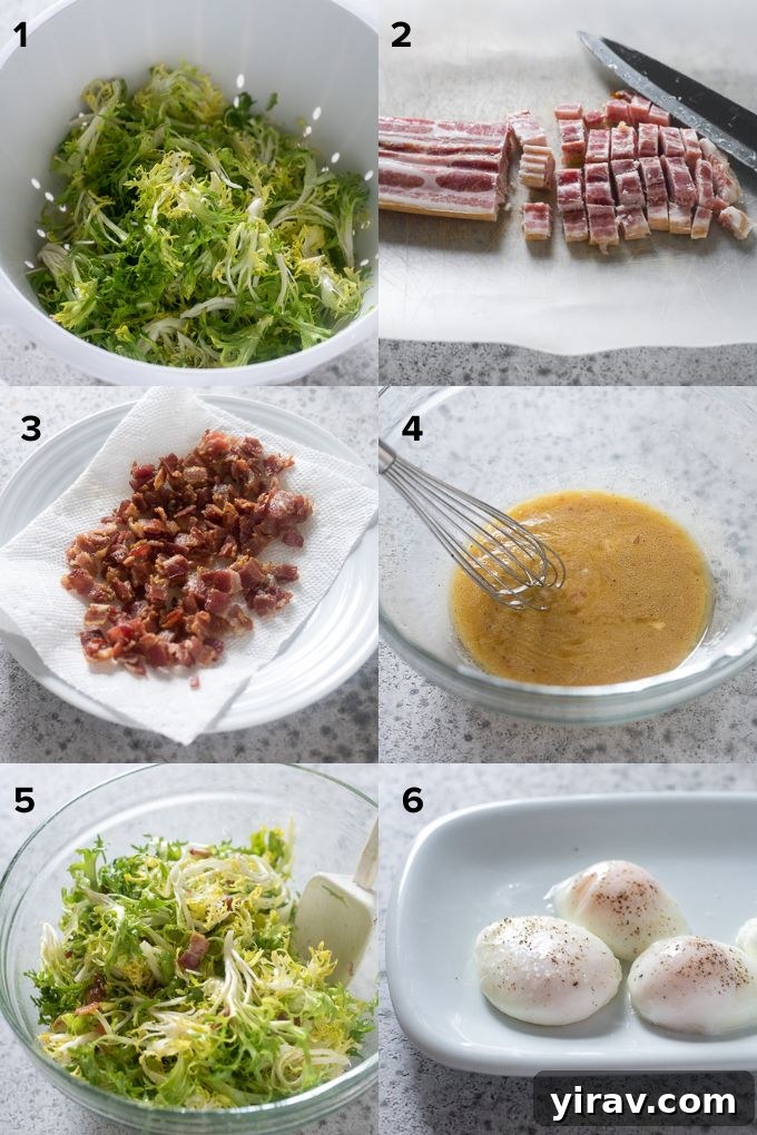 Detailed steps on how to prepare Salade Lyonnaise, showing frisée being washed, bacon cooking, and dressing ingredients being combined.