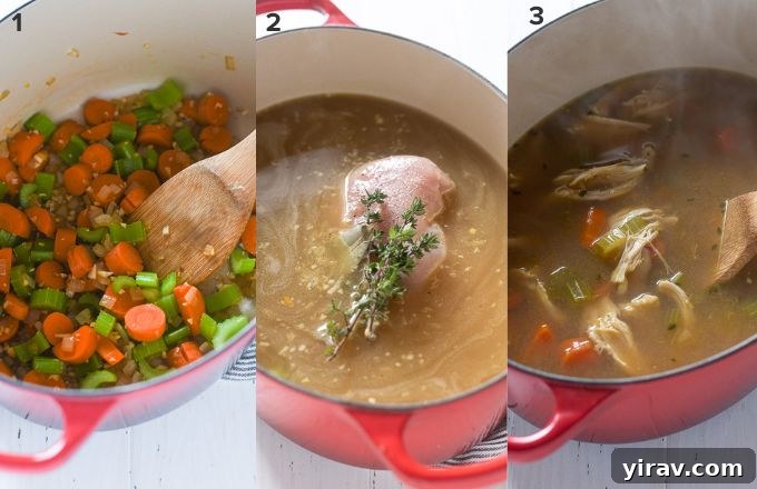 Collage showing the steps to make chicken vegetable soup