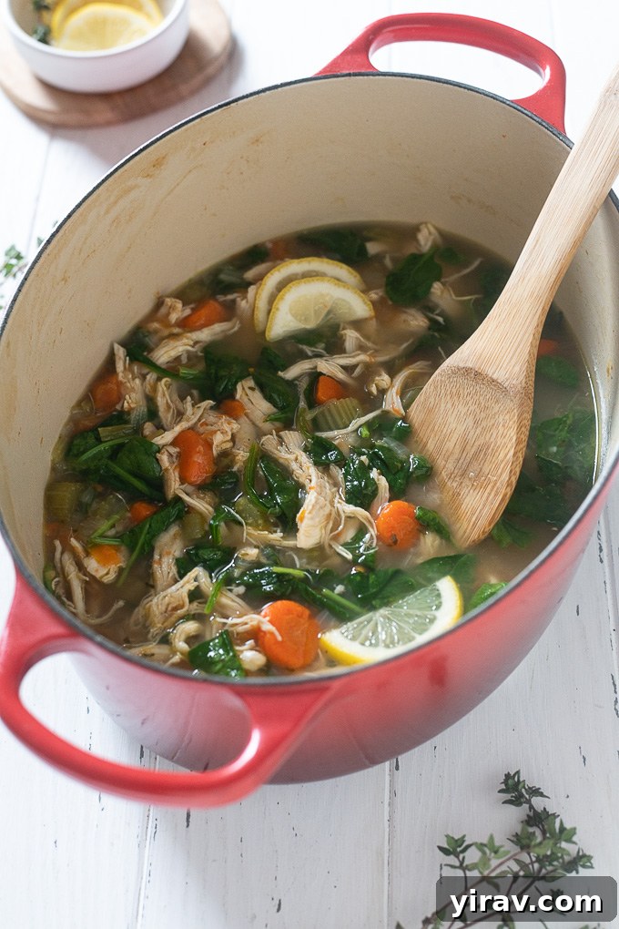 Chicken vegetable soup in a Dutch oven with a wooden spoon, ready to be served