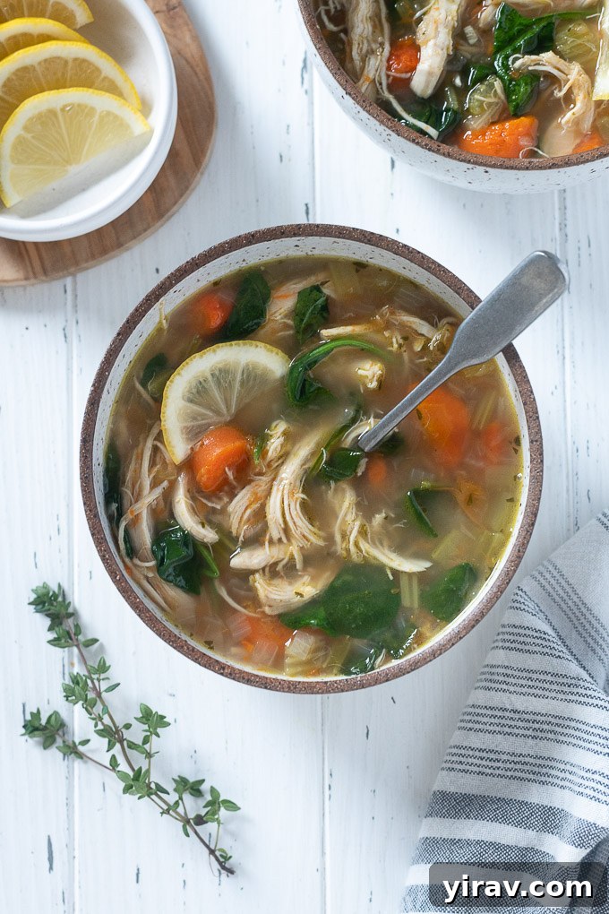 A bowl of hot chicken and vegetable soup, garnished with fresh dill and lemon