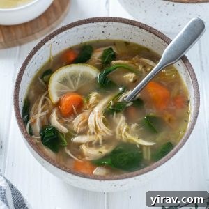 A close-up of a bowl of Lemon Chicken Vegetable Soup