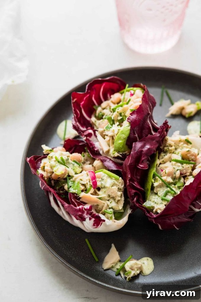 Zesty Tuna Lettuce Wraps served in sturdy radicchio leaves