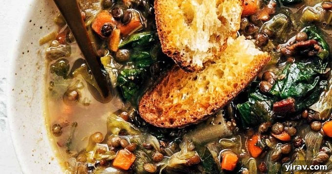 Bowl of French Lentil Soup with escarole, garnished with fresh herbs