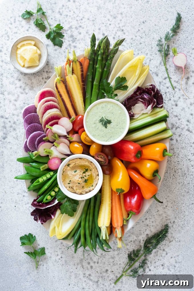 Beautiful Crudités Platter with a variety of fresh vegetables and dips
