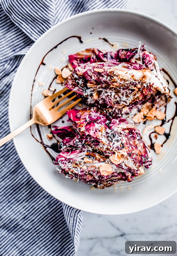 Grilled Radicchio with Fig Balsamic Syrup, Parmigiano, and Honey-Roasted Almonds
