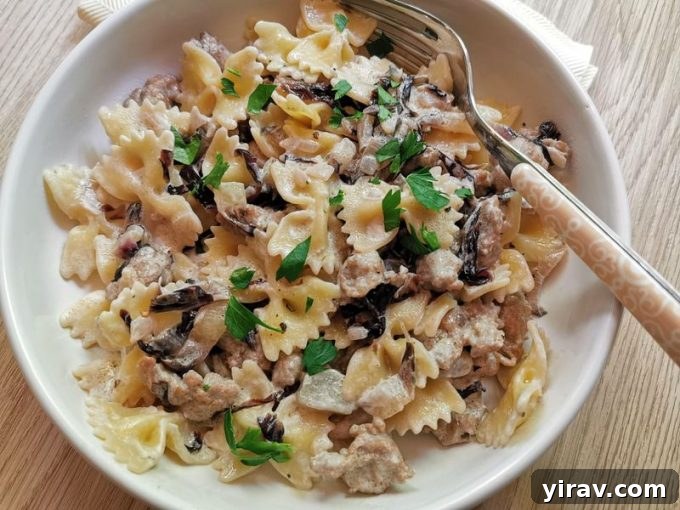 Sausage and Radicchio Pasta, an authentic Northern Italian dish