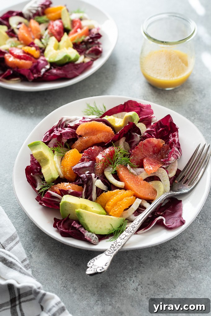 Radicchio Salad with Citrus Vinaigrette, avocado, fennel, and orange on a white plate with a fork