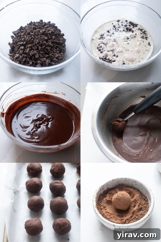 Step-by-step process showing chocolate and cream being mixed to create the truffle base.