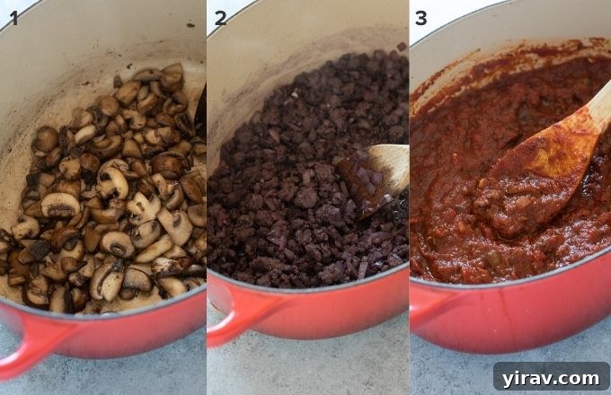 A collage showing the step-by-step process of making homemade meat sauce, from browning beef to simmering.