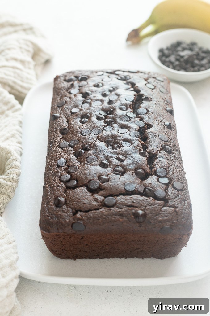 Double chocolate banana bread on a plate, sliced