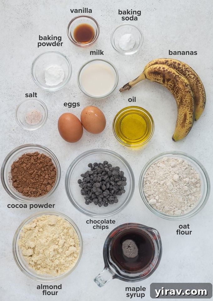 Chocolate banana bread recipe ingredients laid out