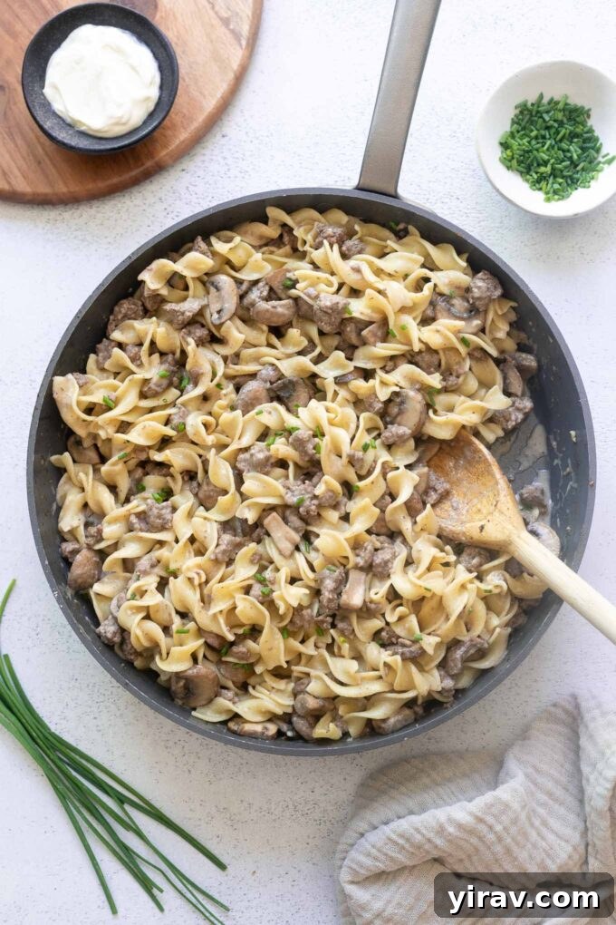 One pot ground beef stroganoff in skillet, ready to serve.