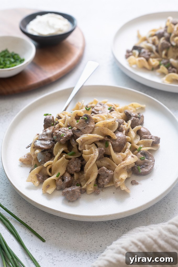 A fork taking a bite of one pot beef stroganoff, showing the creamy texture and noodles.