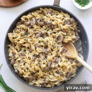 One pot ground beef stroganoff in skillet