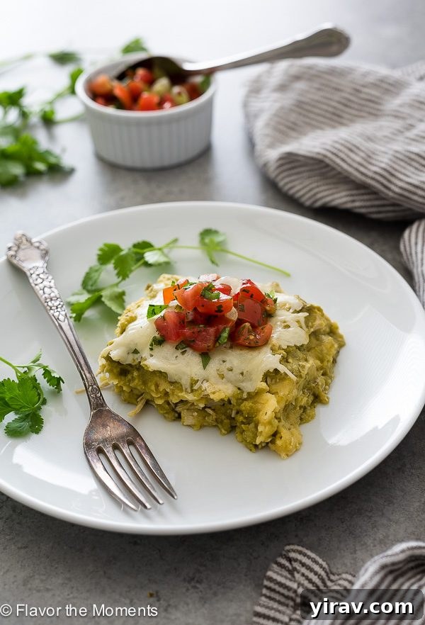 Cheesy Chicken Enchilada Bake 2 Chicken Verde Enchilada Bake with Heirloom Cherry Tomato Salsa, beautifully plated