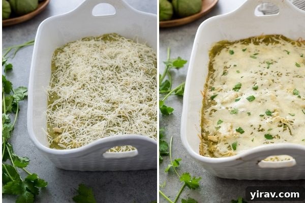 Cheesy Chicken Enchilada Bake 5 Chicken Verde Enchilada Bake process collage showing final layering
