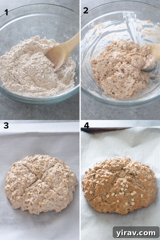Steps for making brown soda bread, showing mixing and shaping