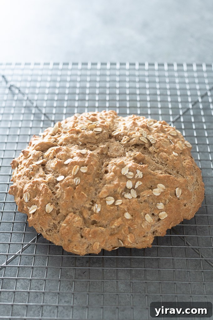 A freshly baked loaf of Irish brown bread cooling on a wire rack