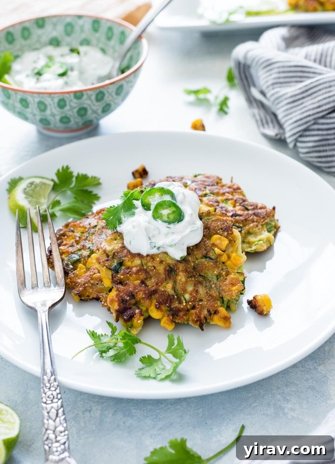 Golden zucchini fritters piled on a plate, garnished with fresh herbs and a dollop of cilantro lime Greek yogurt.