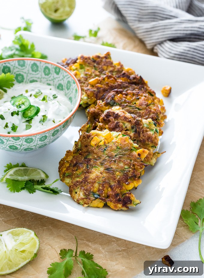 A platter of freshly fried zucchini fritters, served with a bowl of vibrant green cilantro lime Greek yogurt dip.